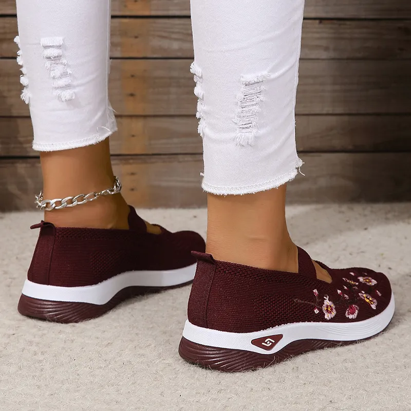 Embroidered Knitted Sneakers for Women | Breathable Mesh Slip-On Flats with Thick Sole Loafers for Fall 2024