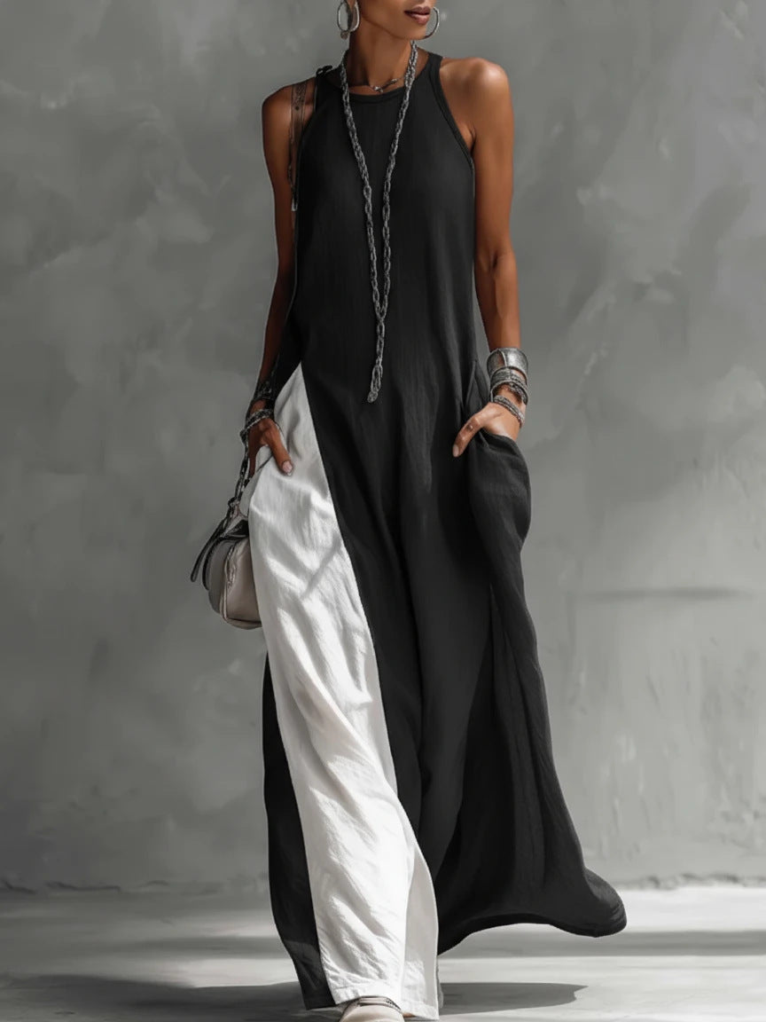Women's sleeveless off-shoulder loose maxi dress with pockets in Black