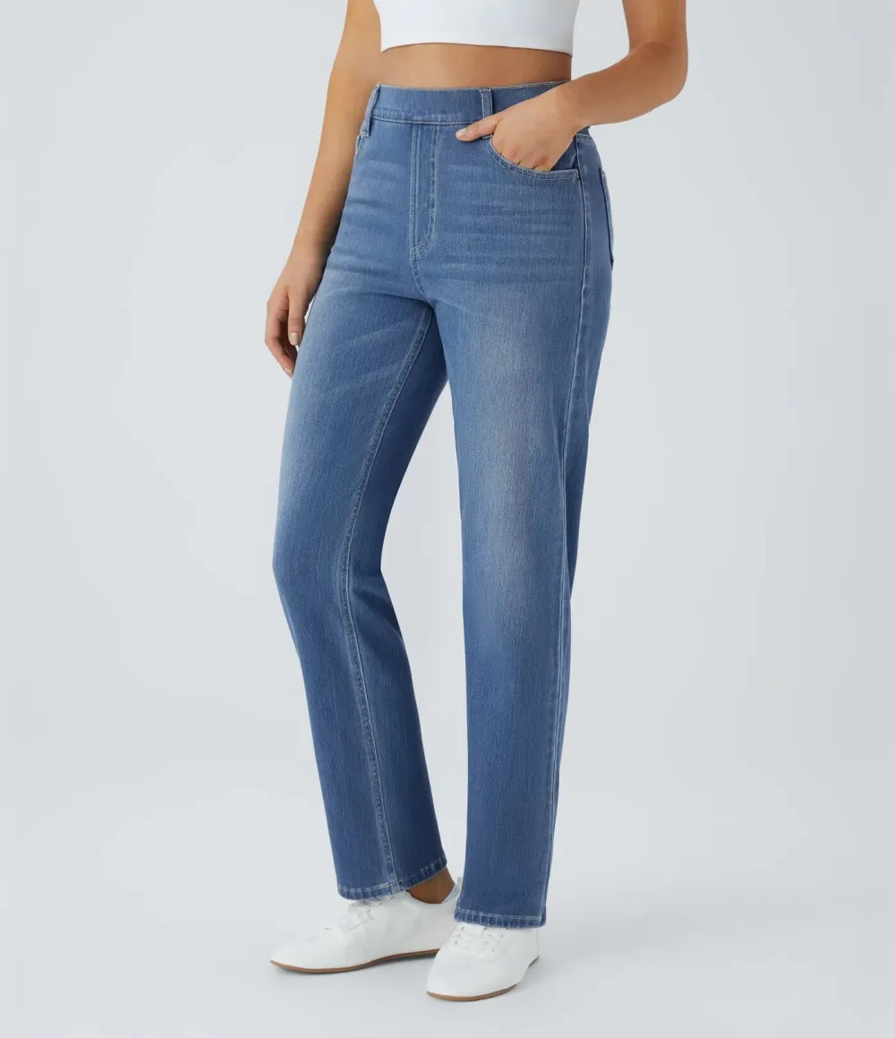 Stretch-Knit Straight-Leg Jeans with Multiple Pockets