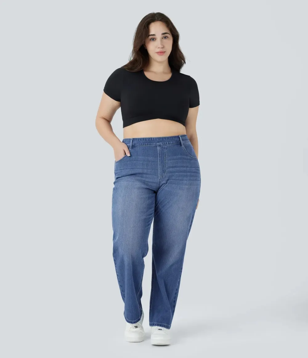 Stretch-Knit Straight-Leg Jeans with Multiple Pockets