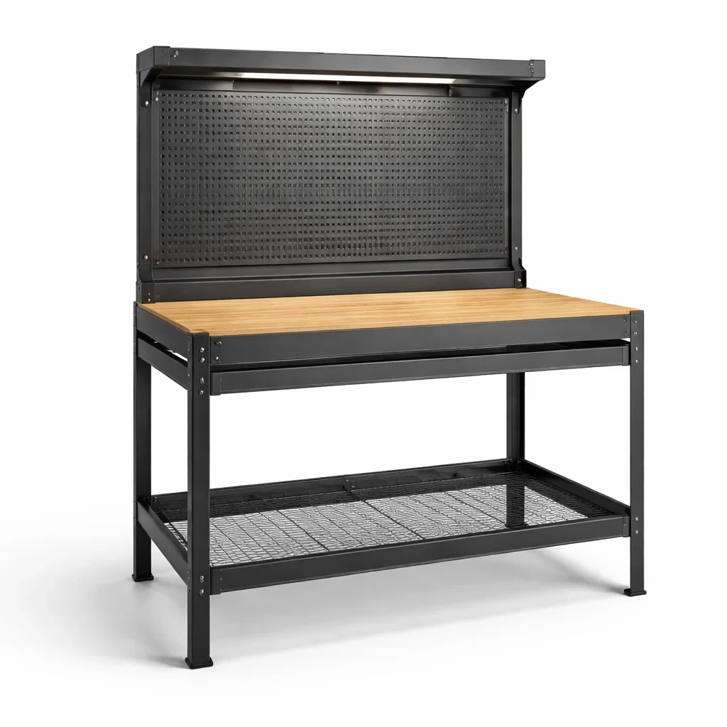 Banco da lavoro in Metallo Nero con Piano in Legno e Ripiano Reticolare-URBANCOMFORTHAVEN