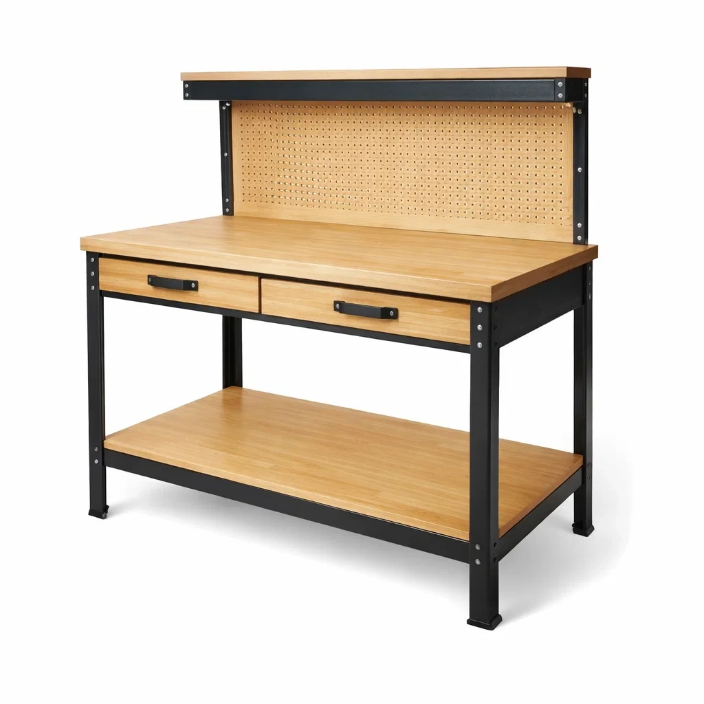 Banco da lavoro in Legno di Pino e Acciaio con Cassetti-URBANCOMFORTHAVEN