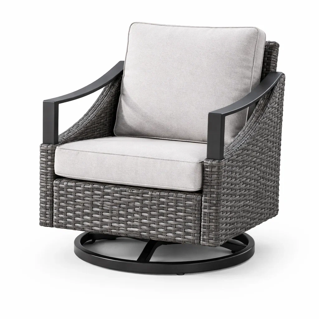 Poltrona girevole in Vimini con Struttura in Alluminio Grigio e Crema-URBANCOMFORTHAVEN