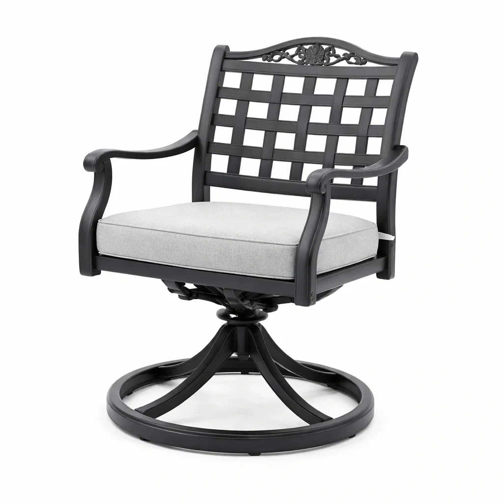 Poltrona girevole da Giardino in Alluminio Nero con Cuscino in Poliestere Grigio-URBANCOMFORTHAVEN