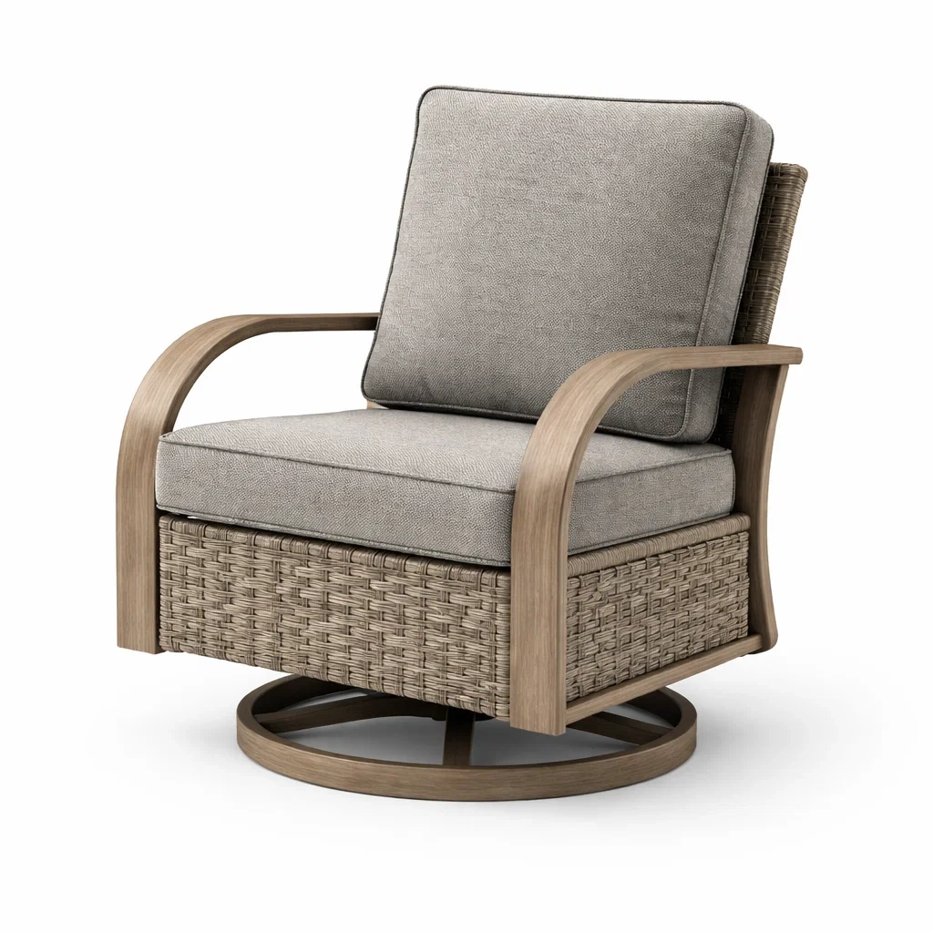 Poltrona girevole in Legno e Rattan Grigia-URBANCOMFORTHAVEN