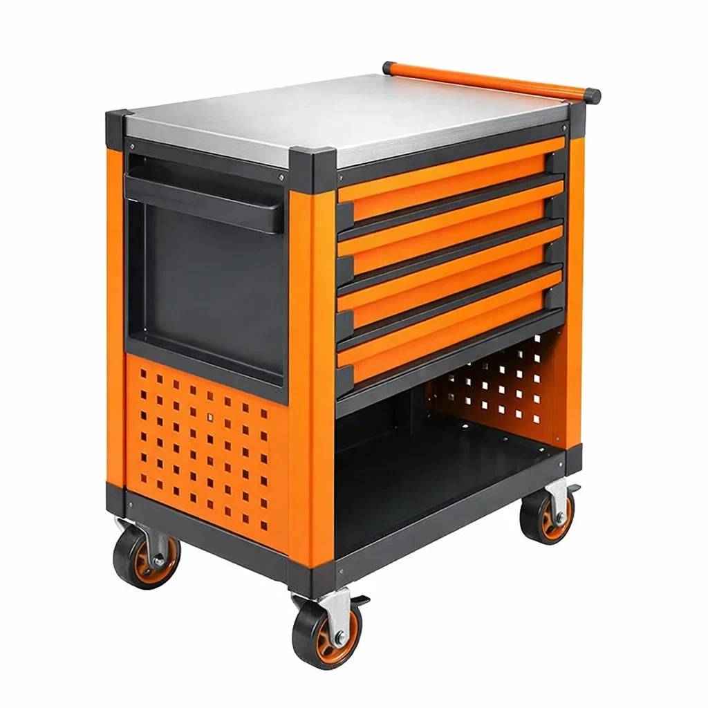 Carrello portautensili in Acciaio Arancione con Quattro Cassetti e Ruote-URBANCOMFORTHAVEN