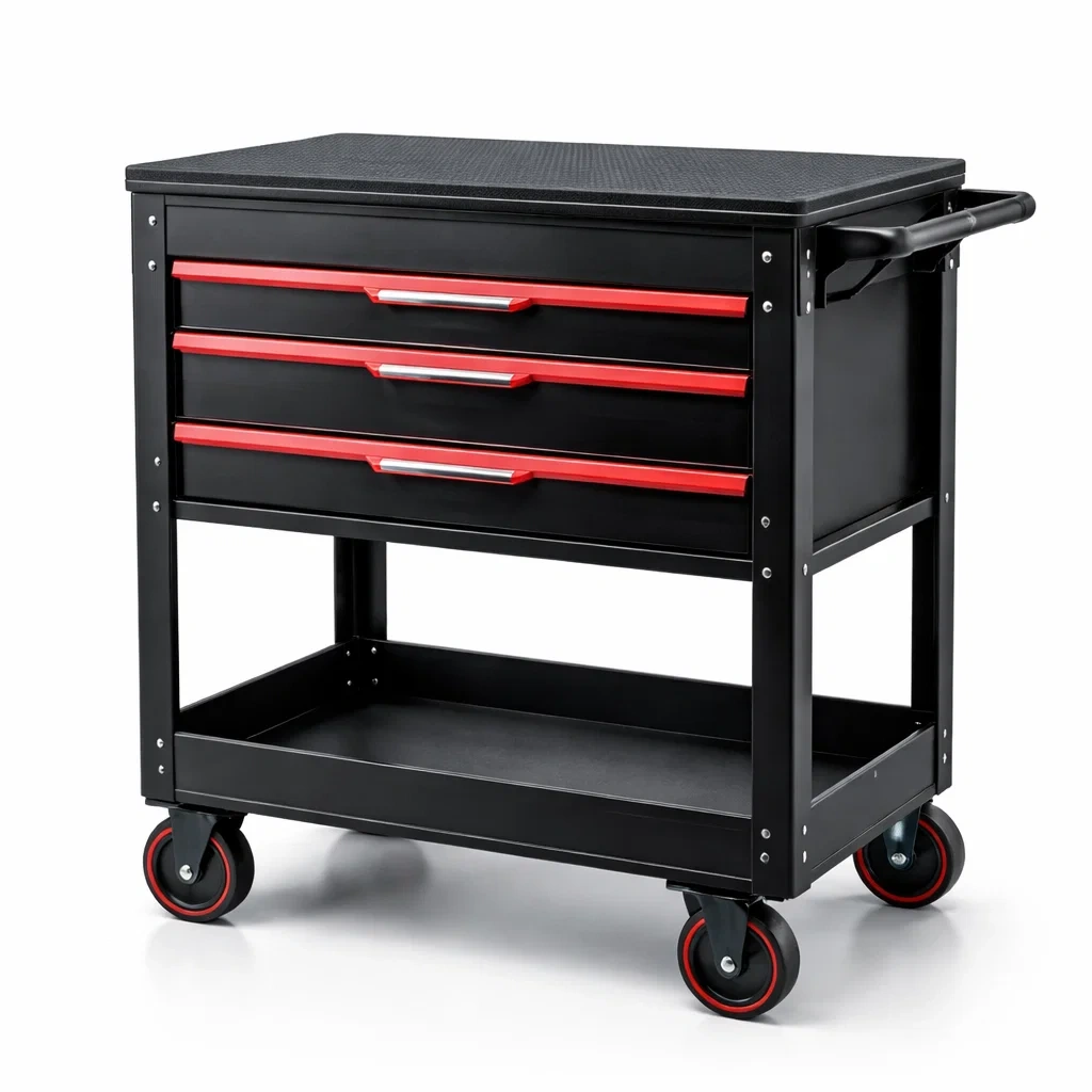 Carrello portautensili in Metallo Nero e Rosso con Tre Cassetti e Ripiano-URBANCOMFORTHAVEN