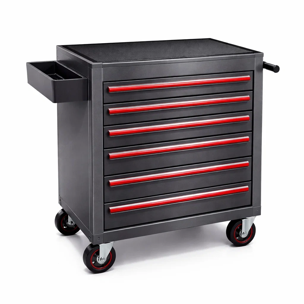 Carrello portautensili in Metallo Nero e Rosso con Sei Cassetti e Ruote-URBANCOMFORTHAVEN