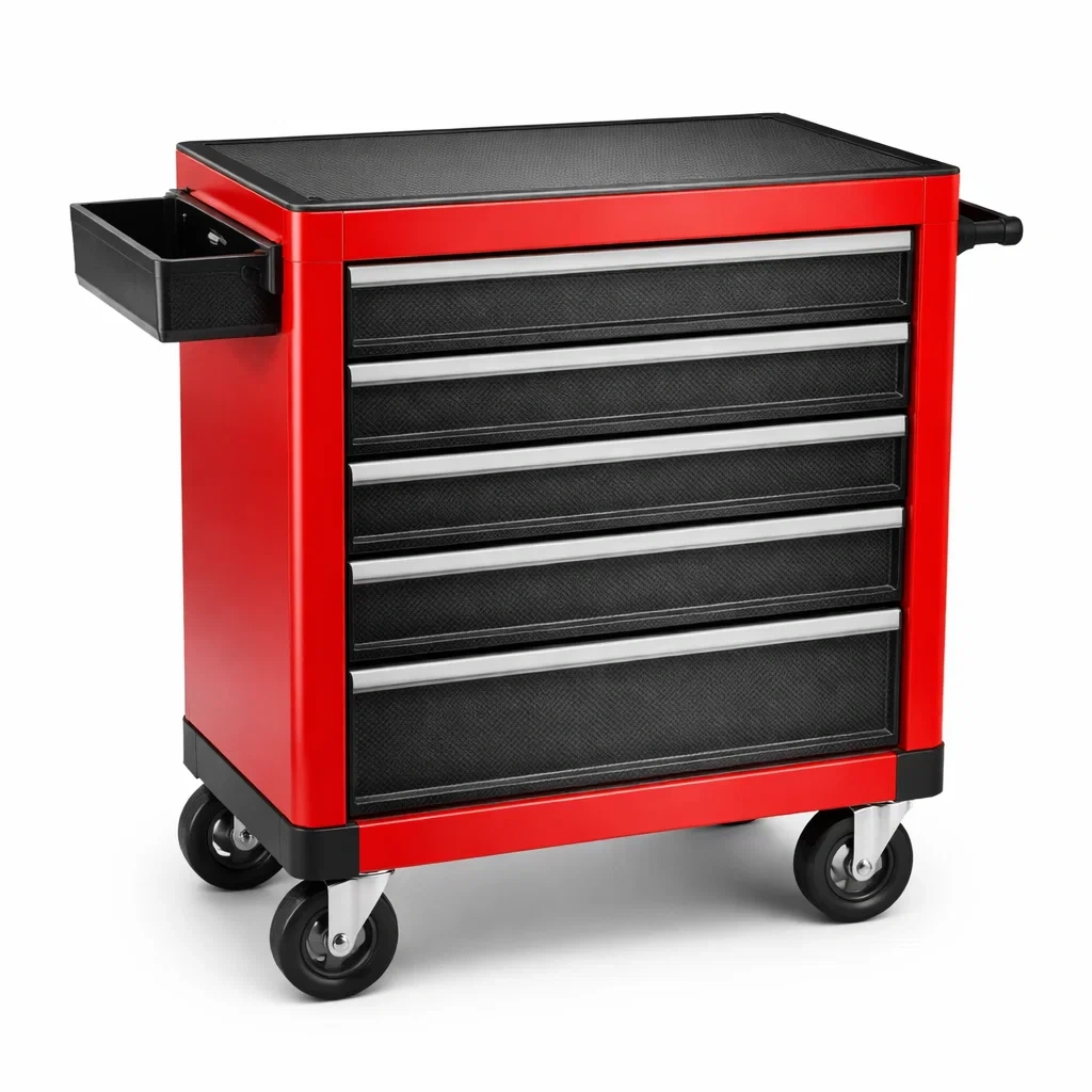 Carrello portautensili in Acciaio Rosso con Cinque Cassetti e Ruote-URBANCOMFORTHAVEN