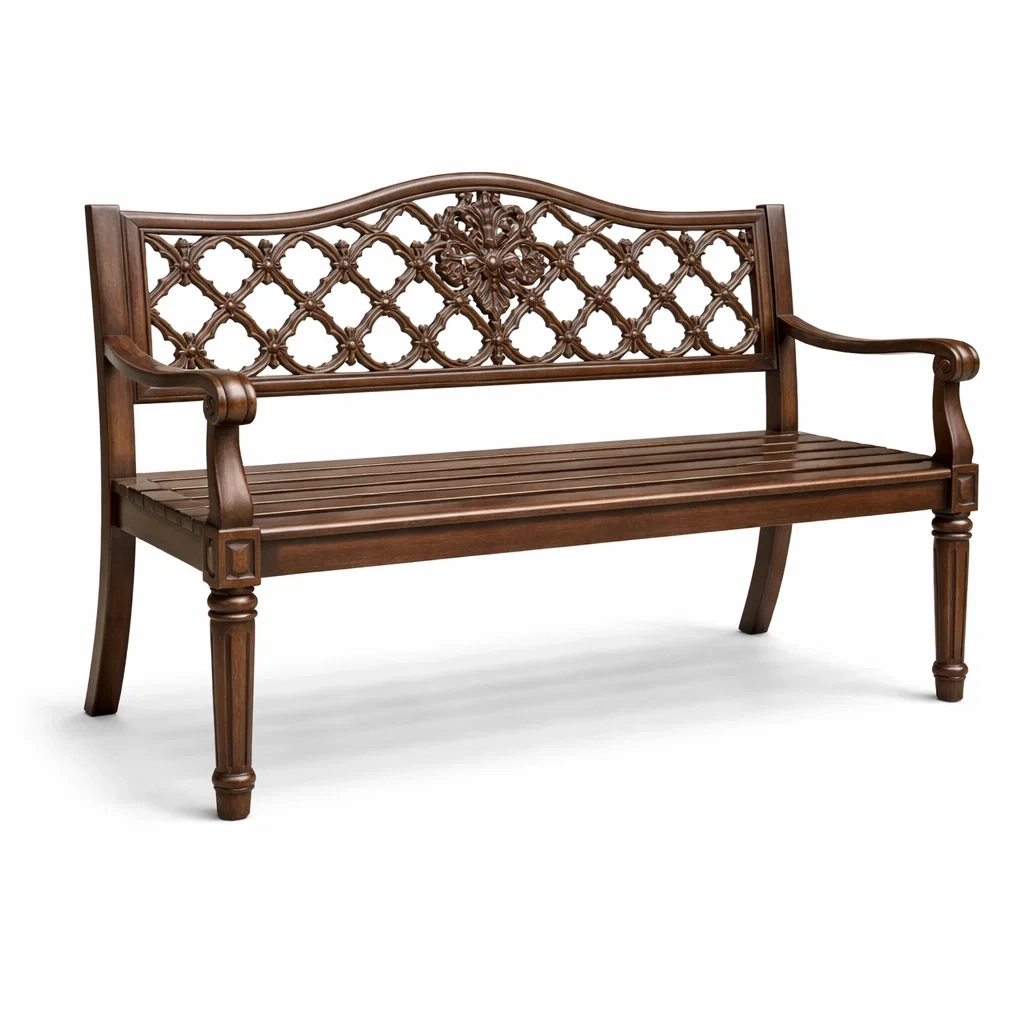 Panchina in Legno Massello Marrone con Schienale Decorativo-URBANCOMFORTHAVEN