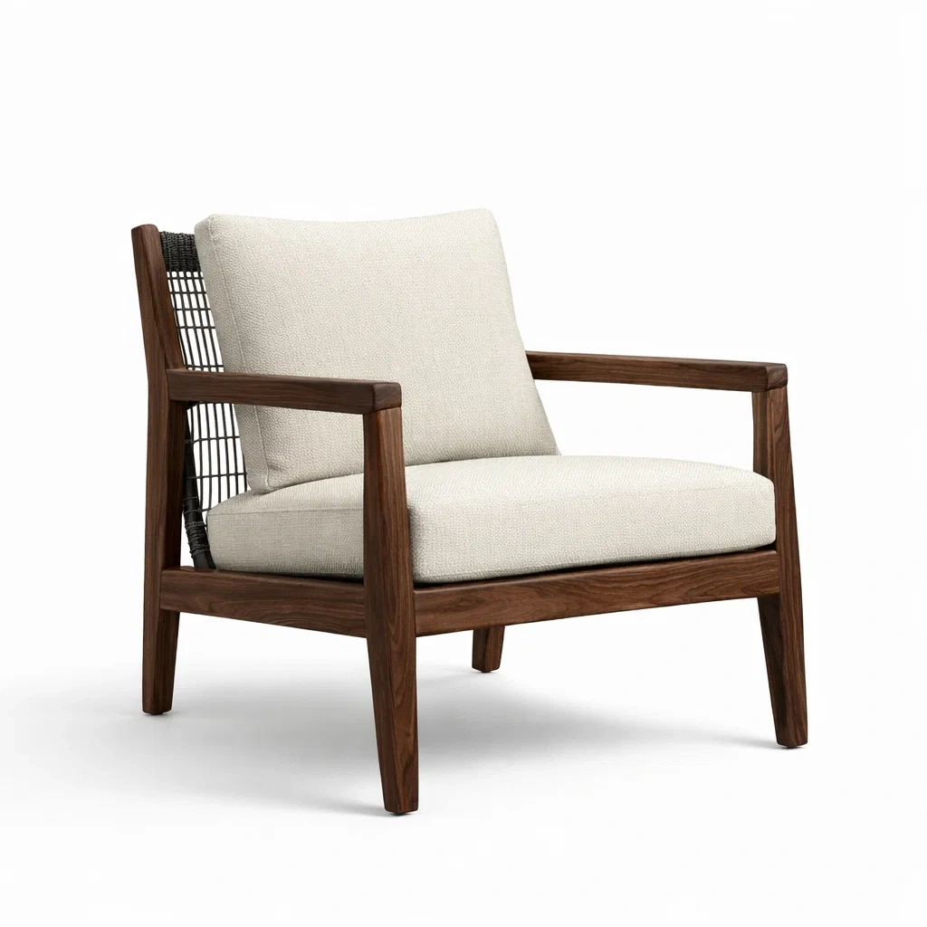 Poltrona in Legno con Cuscini in Tessuto Beige-URBANCOMFORTHAVEN