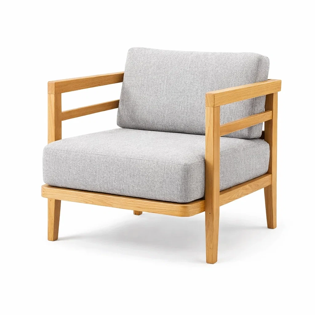 Poltrona in Legno di Quercia con Rivestimento in Tessuto Grigio-URBANCOMFORTHAVEN