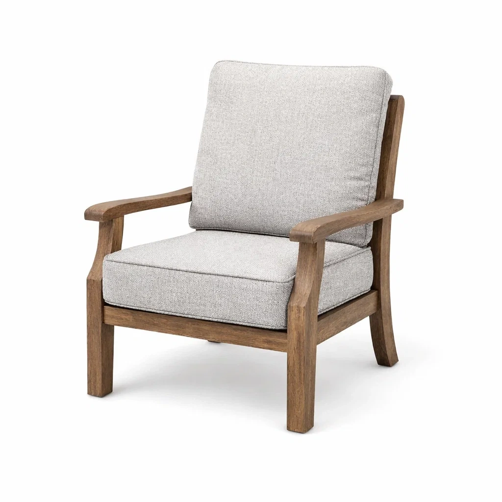 Poltrona in Legno con Cuscini in Tessuto Grigio-URBANCOMFORTHAVEN