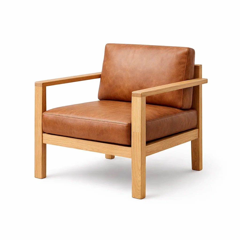 Poltrona in Legno di Quercia con Rivestimento in Pelle Sintetica Marrone-URBANCOMFORTHAVEN