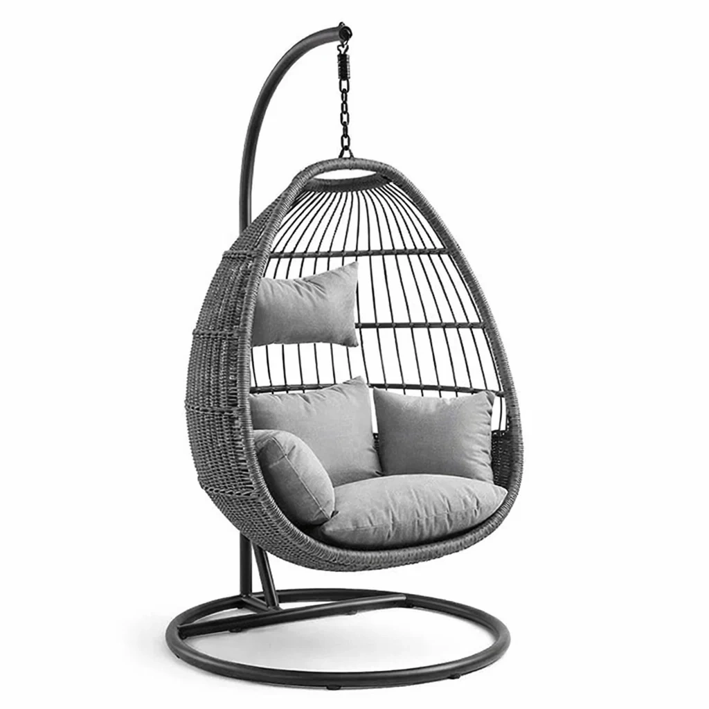 Poltrona sospesa a uovo in Rattan Sintetico e Acciaio con Cuscini Grigi-URBANCOMFORTHAVEN