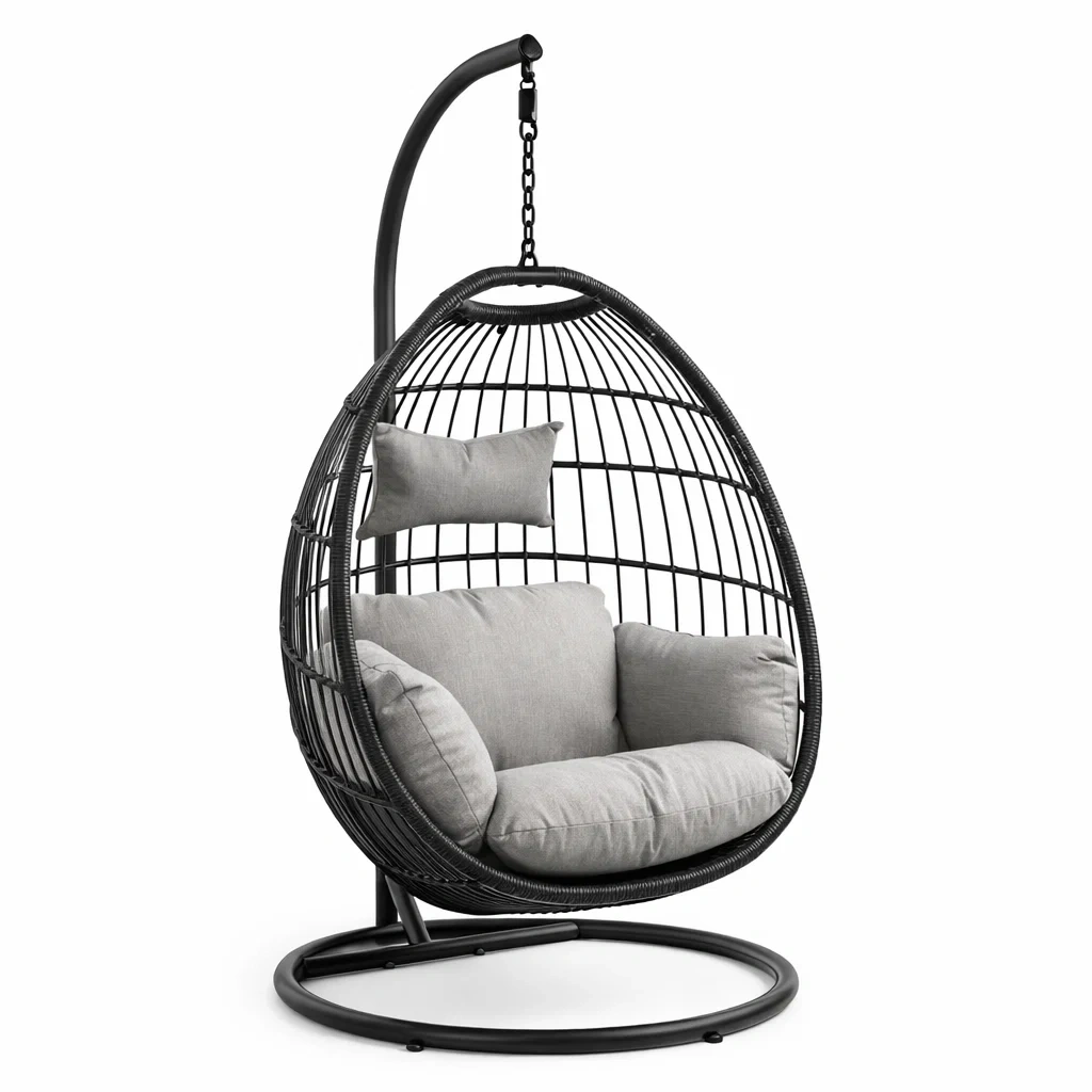 Poltrona sospesa a uovo in Rattan Nero con Cuscino Grigio-URBANCOMFORTHAVEN