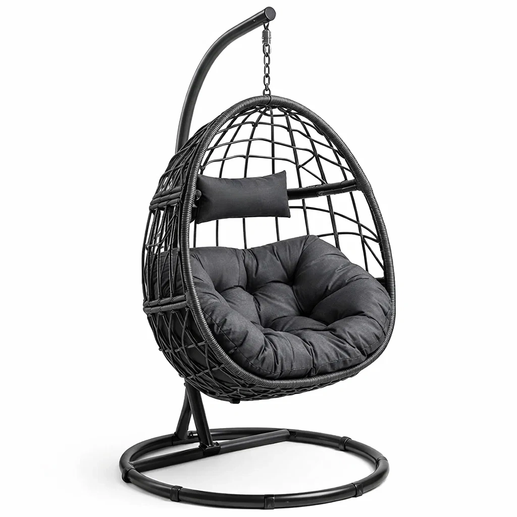 Poltrona sospesa a uovo in Rattan Nero con Cuscino in Poliestere Grigio-URBANCOMFORTHAVEN