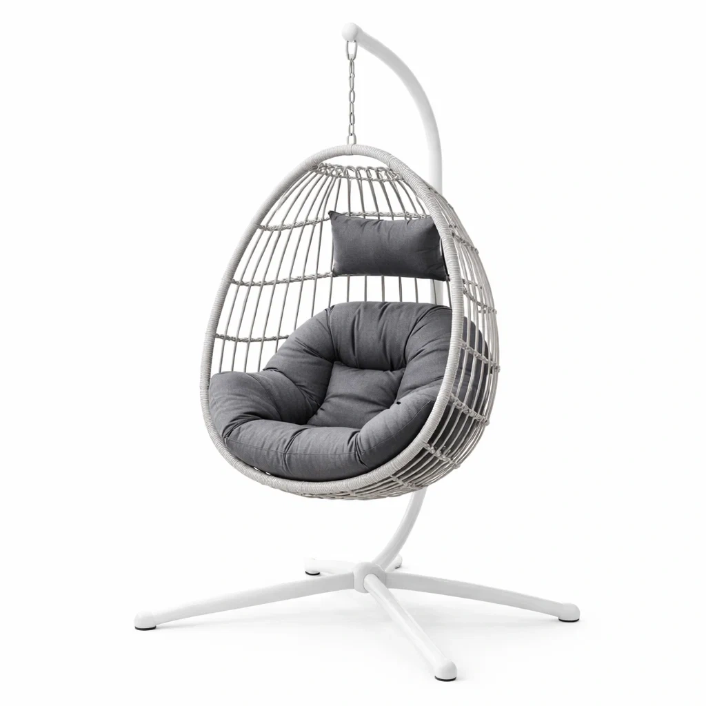 Poltrona sospesa a uovo in Rattan con Cuscino Grigio-URBANCOMFORTHAVEN