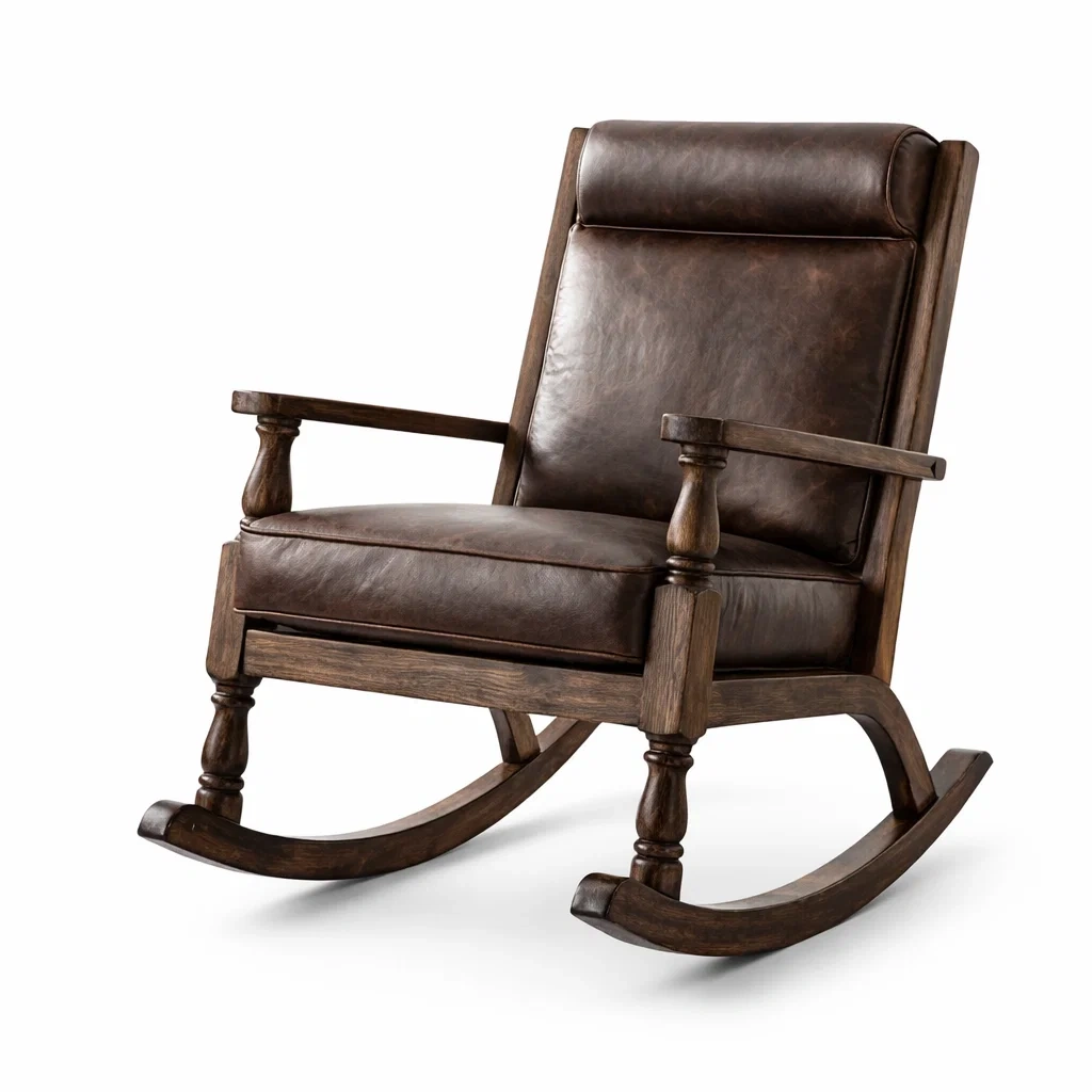 Sedia a dondolo in Legno e Pelle Sintetica Marrone Scuro-URBANCOMFORTHAVEN