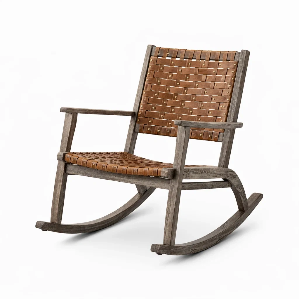 Sedia a dondolo in Legno e Cuoio Intrecciato Marrone-URBANCOMFORTHAVEN