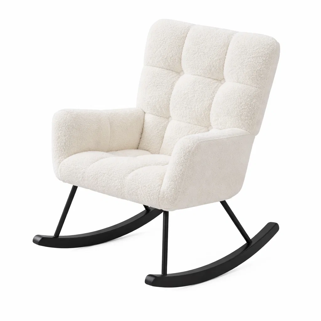 Sedia a dondolo in Tessuto Bouclé con Struttura in Metallo Nero-URBANCOMFORTHAVEN