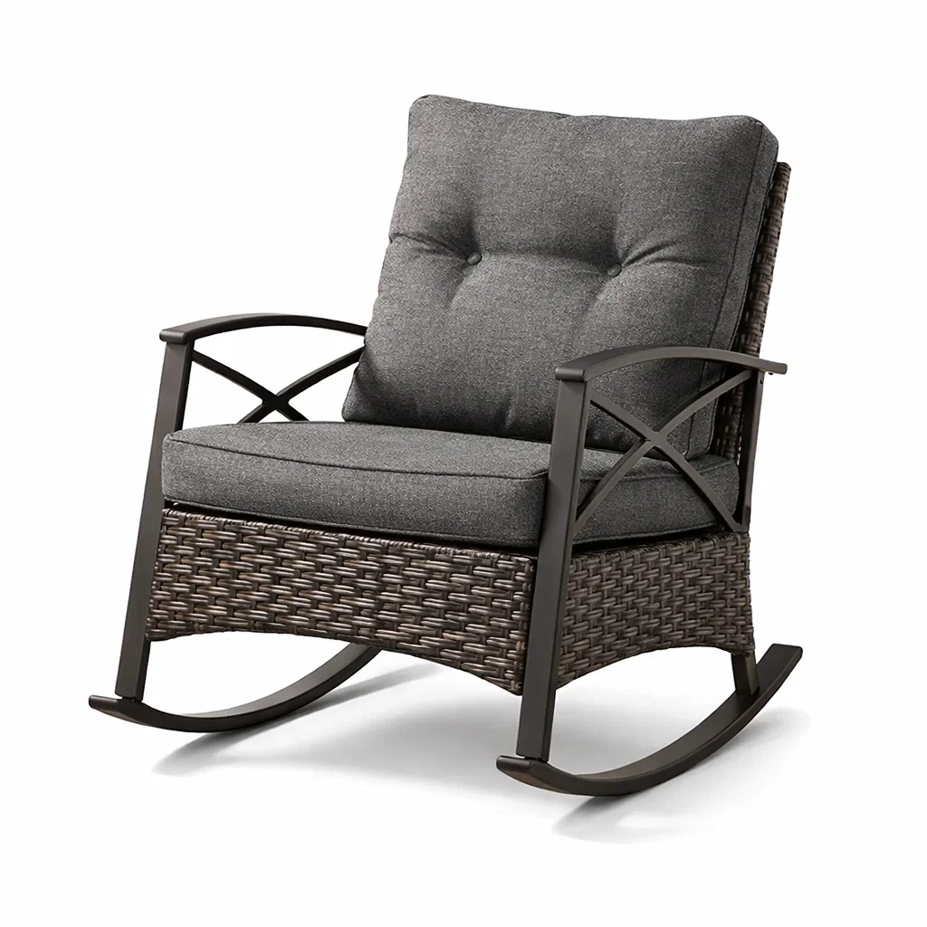 Sedia a dondolo in Acciaio e Rattan Sintetico Marrone con Cuscini Grigi-URBANCOMFORTHAVEN