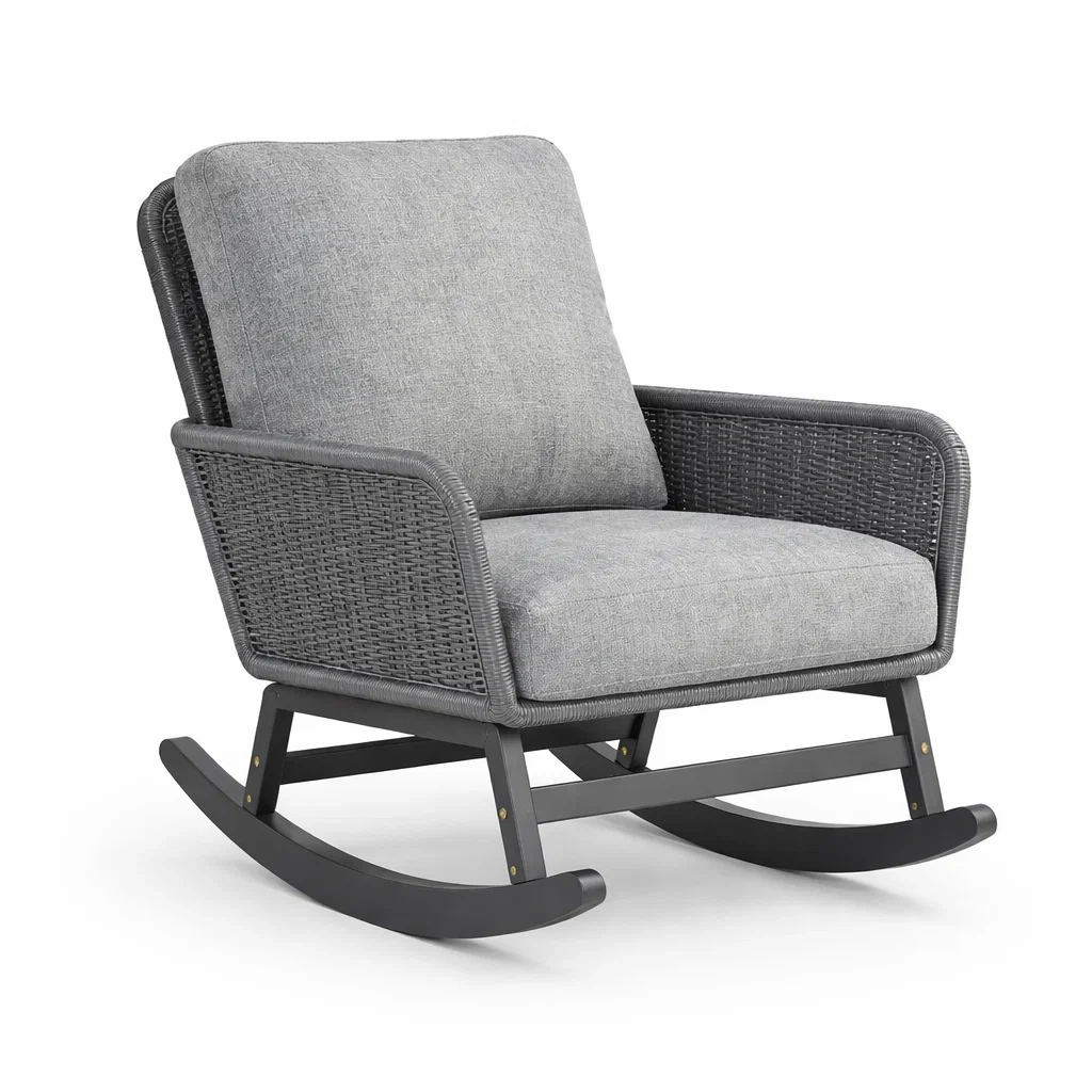 Sedia a dondolo in Alluminio e Vimini con Cuscini Grigi-URBANCOMFORTHAVEN