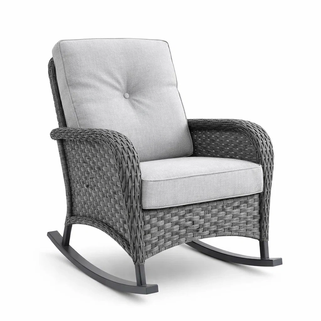 Sedia a dondolo in Rattan Sintetico Grigio con Cuscini in Poliestere-URBANCOMFORTHAVEN