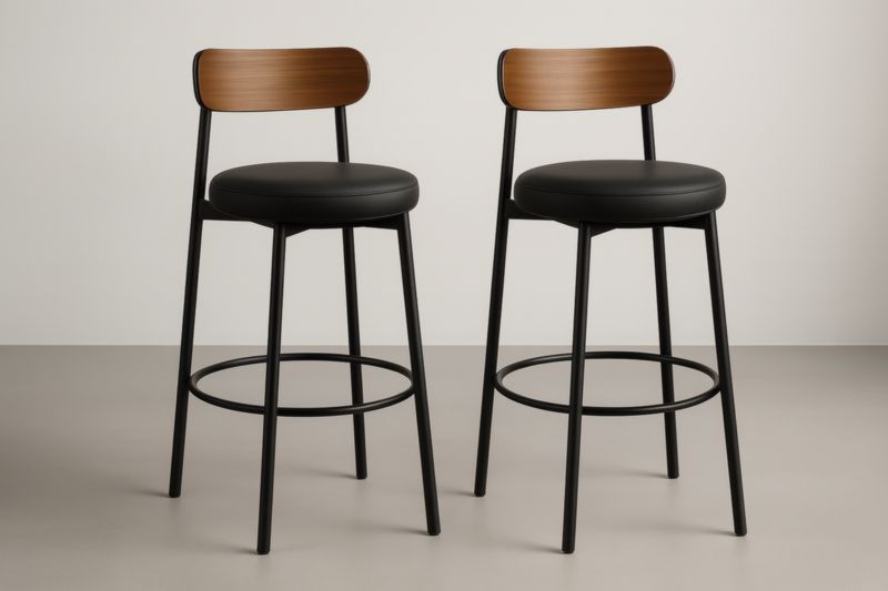 Lot de 2 tabourets de bar avec structure acier, assise en polyuréthane noir et dossier plaqué noyer – 100×40×40 cm-Selvaranest