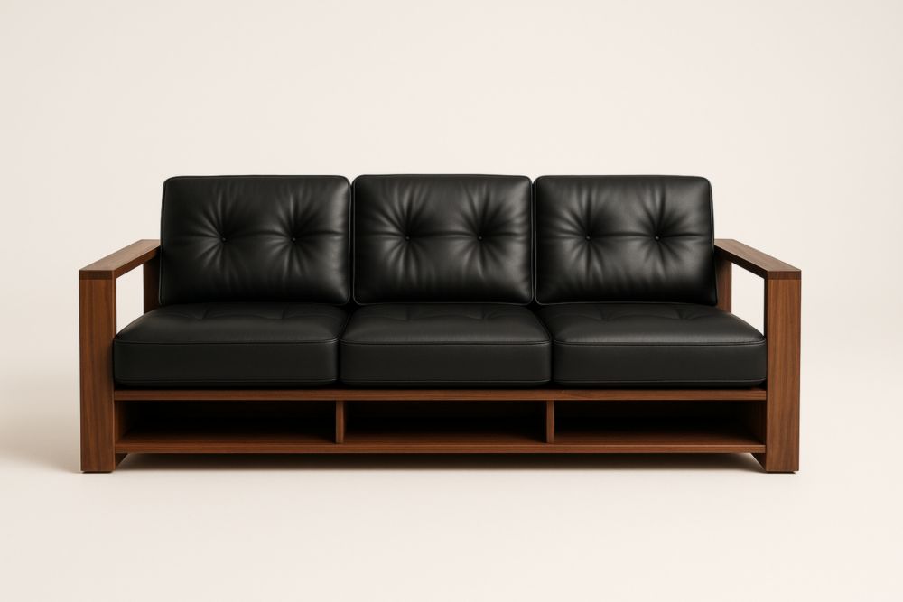 Canapé long 3 places en bois massif et cuir PU noir-Bravellawood