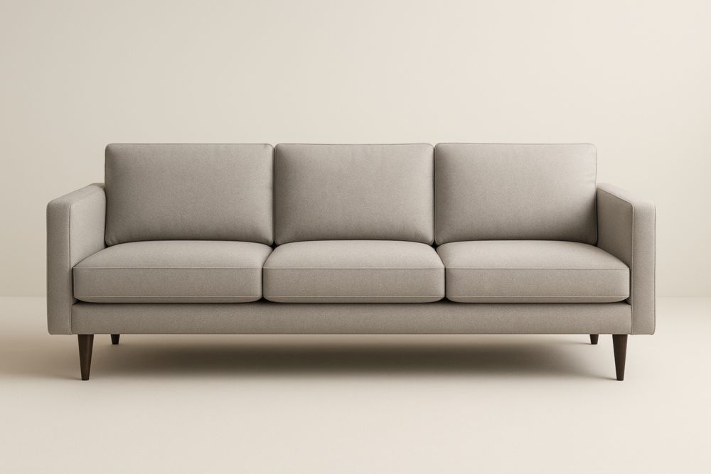 Canapé long 3 places en tissu polyester gris avec pieds en bois massif-Bravellawood