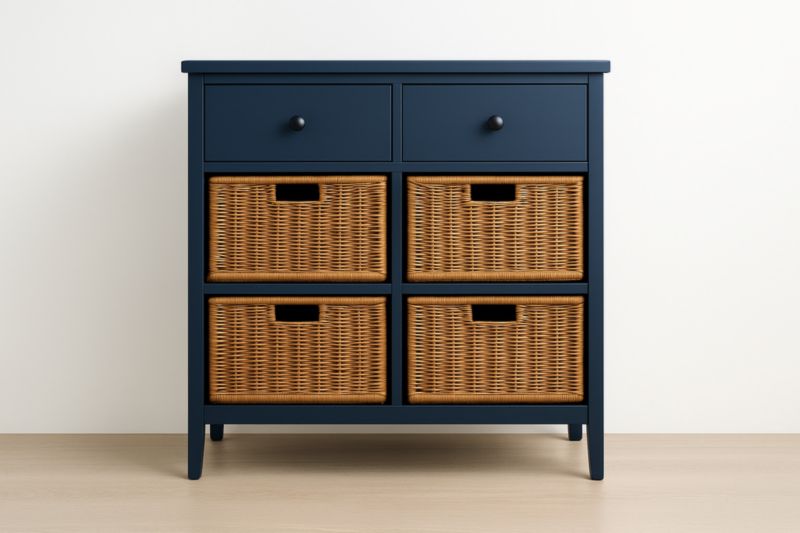 Meuble de rangement bleu avec 2 tiroirs et 4 paniers en osier naturel – 80×40×85 cm-Velmorawood