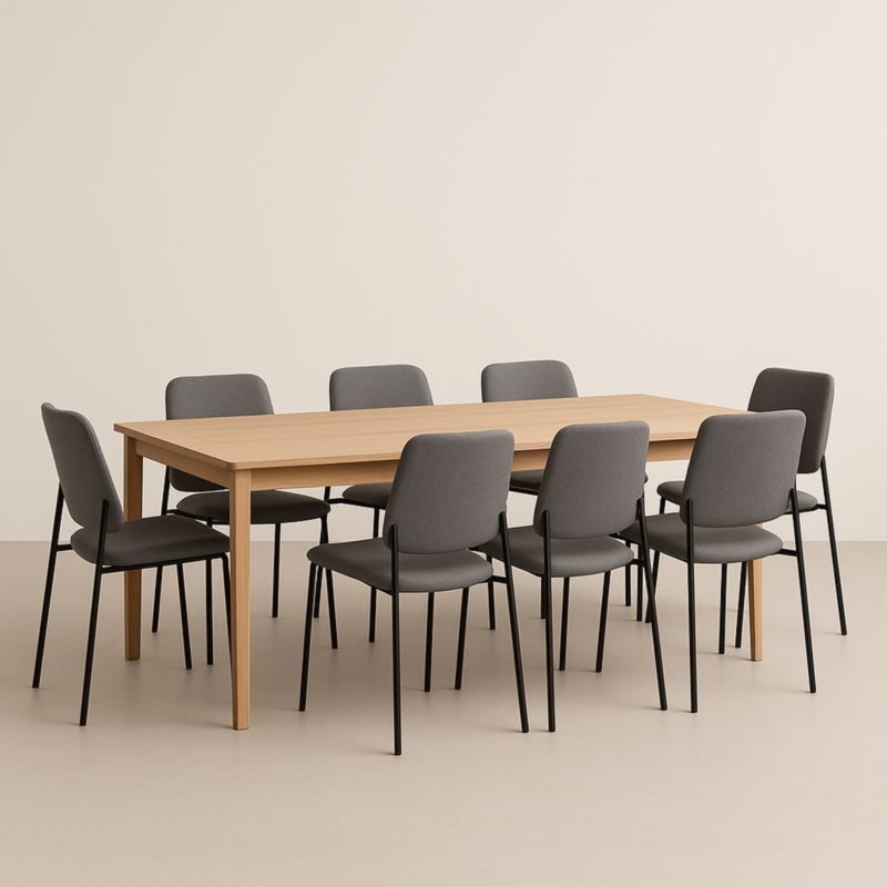 Table à manger rectangulaire en bois de chêne avec 8 chaises en acier et tissu gris