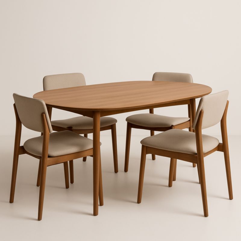 Ensemble table à manger ovale en bois avec chaises en tissu beige