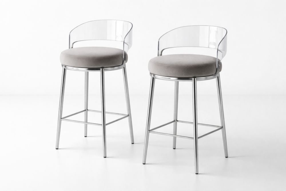 Paire de tabourets de bar en acrylique et métal avec coussin gris