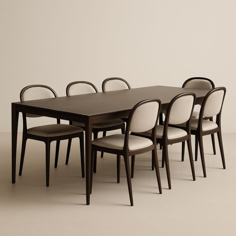 Table à manger rectangulaire en bois avec 7 chaises rembourrées