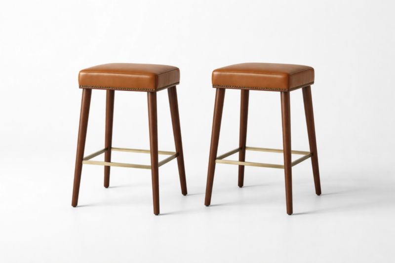Tabourets en Bois et Métal Marron avec Assise en Cuir Synthétique