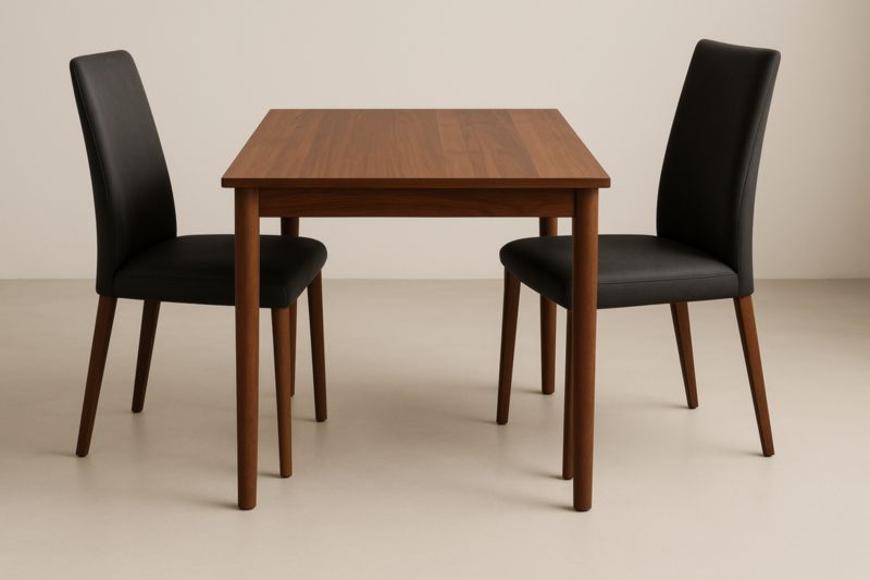 Table rectangulaire en bois et 2 chaises en tissu noir