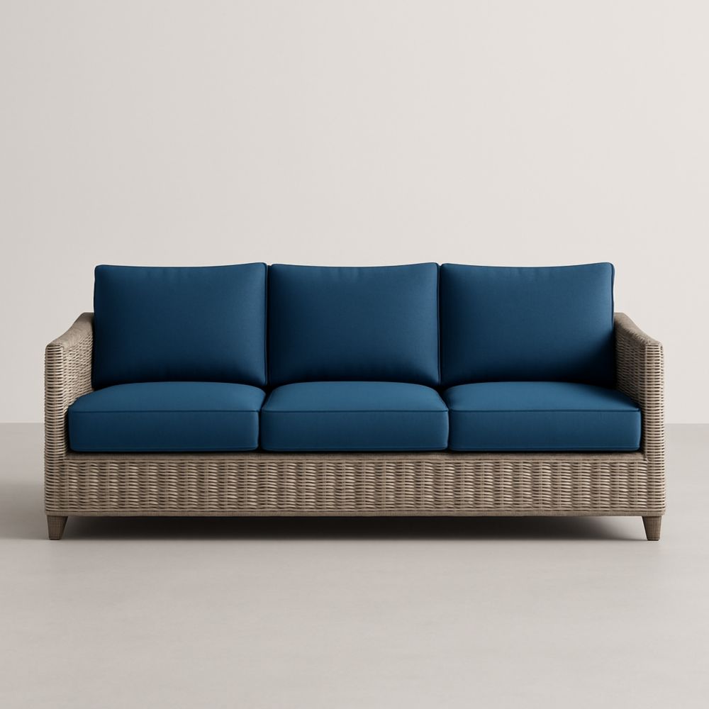 Canapé d'extérieur en résine tressée avec coussins bleus