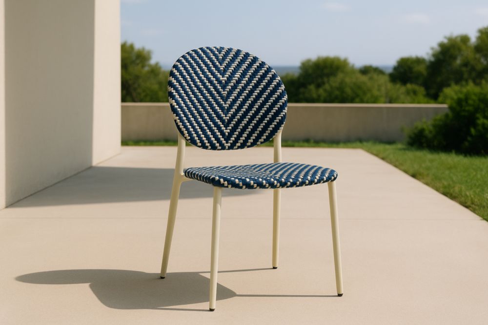 Chaise d'extérieur tressée motif chevron bleu structure acier