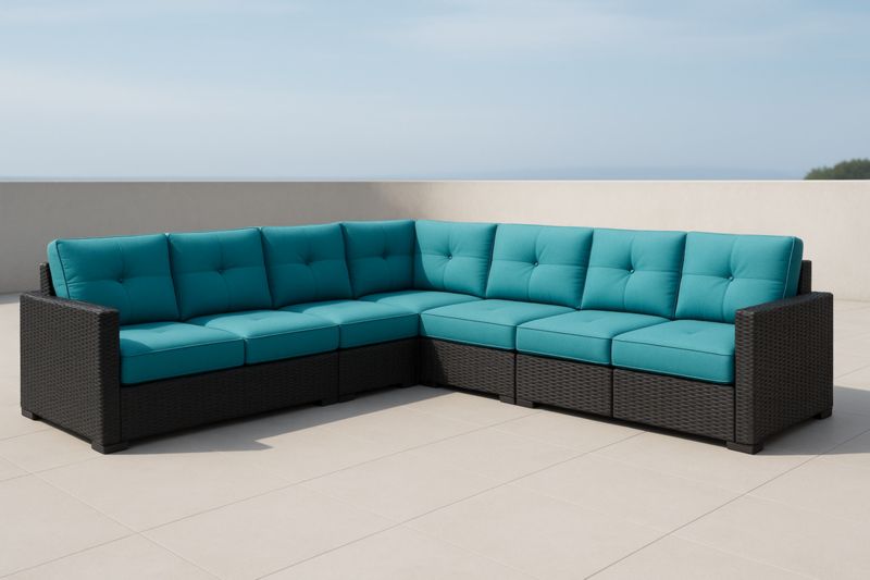 Canapé d'angle modulaire en rotin synthétique noir avec coussins en polyester turquoise