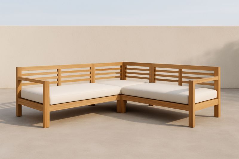 Canapé d'angle en Bois Massif avec Coussins en Polyester Blanc