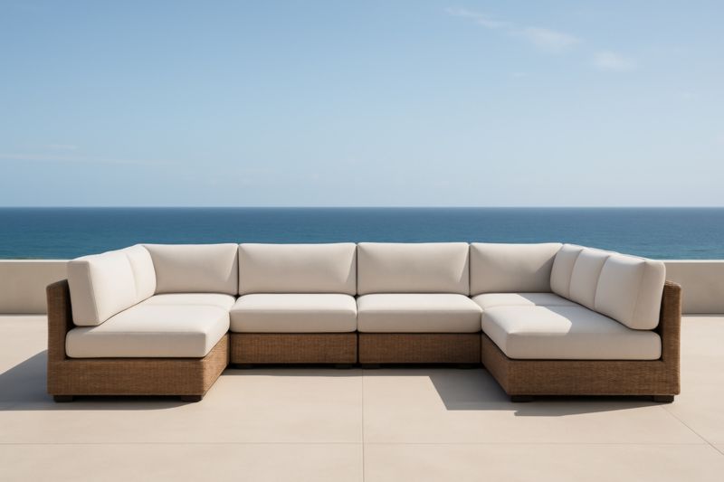 Canapé d'angle en rotin synthétique avec coussins crème extérieur