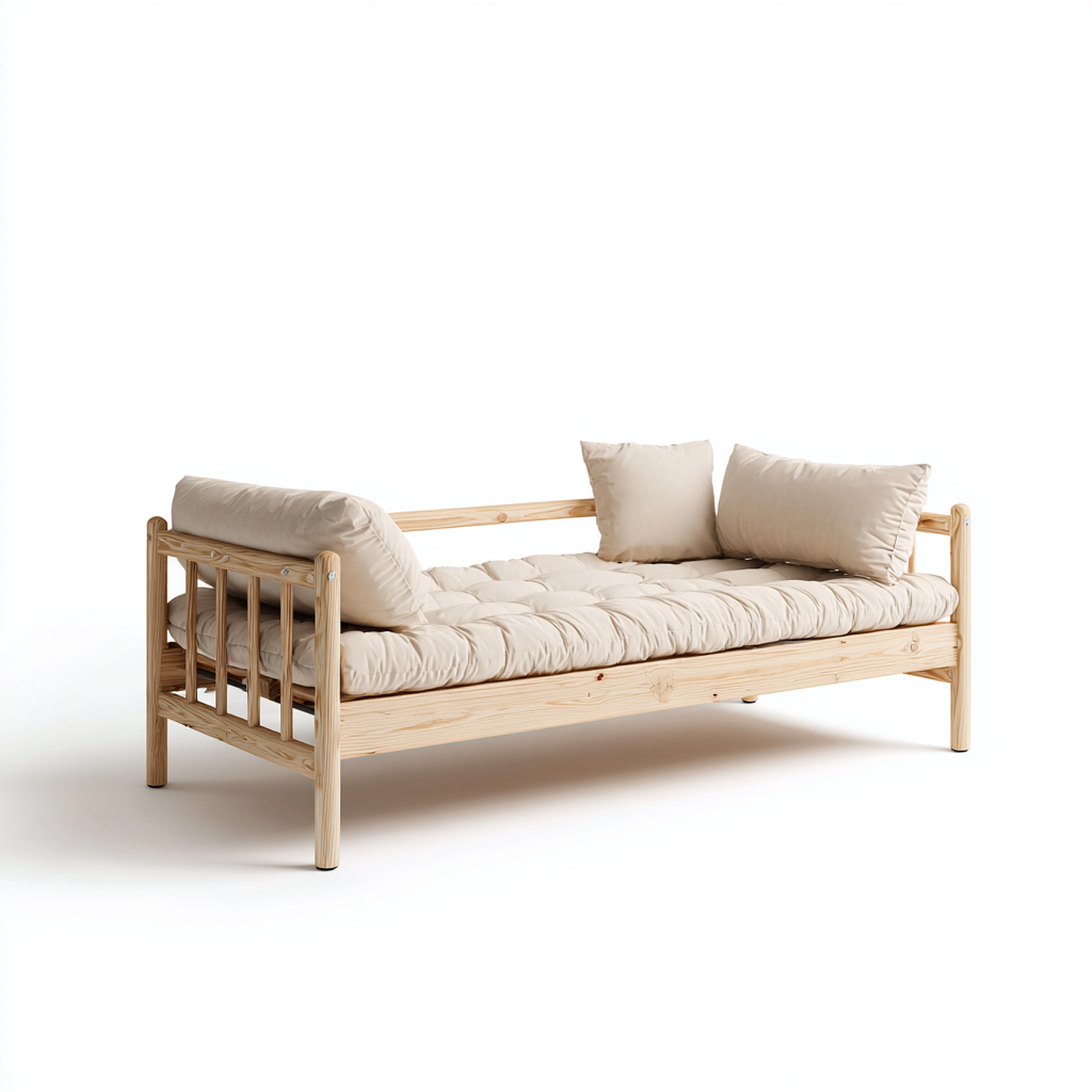 Canapé lit en bois avec coussins 200x90x75 cm - bois clair-beige - design naturel pour chambre-Nookupyard