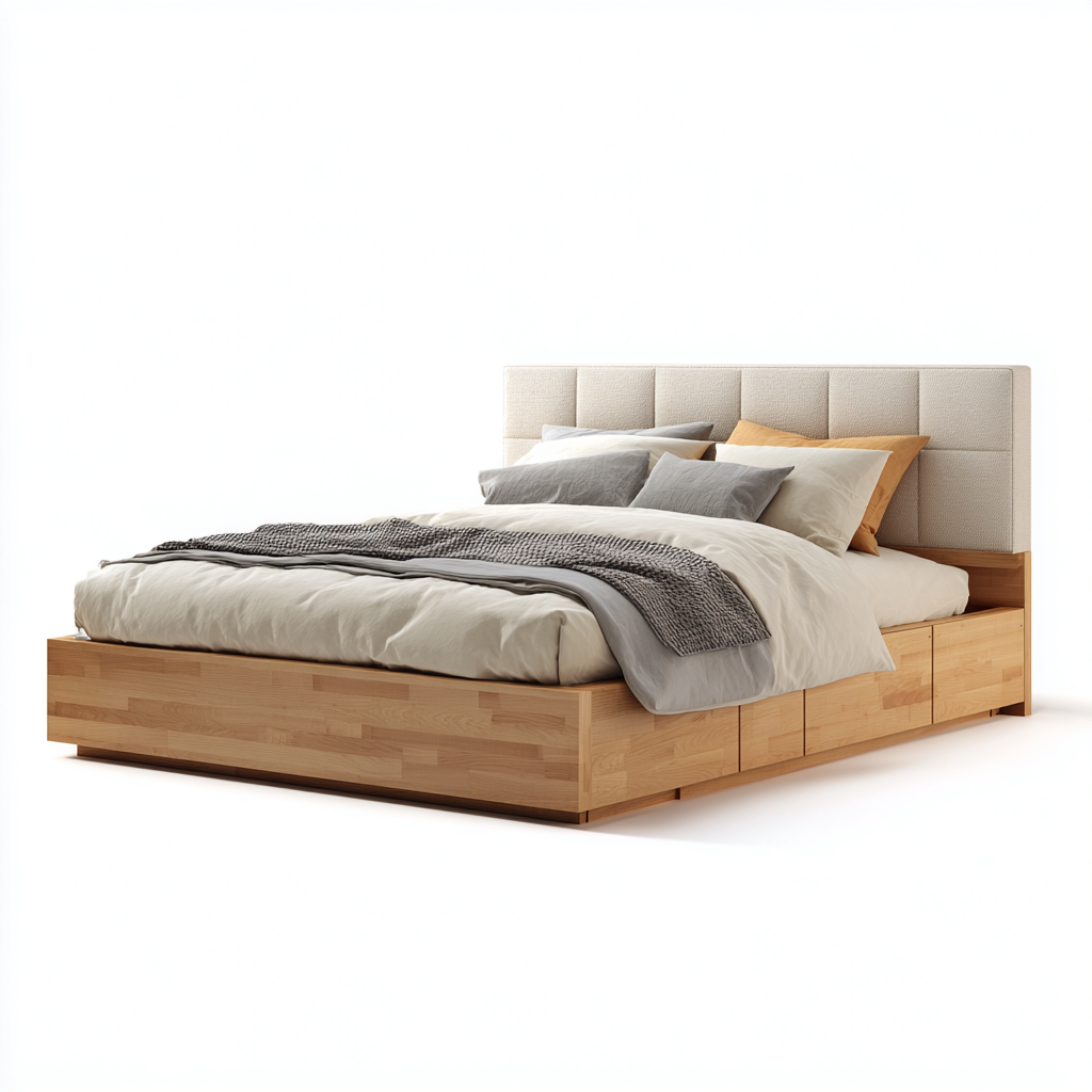 Lit double avec tête de lit rembourrée et rangements intégrés 200x160x95 cm - marron clair - couchage fonctionnel pour chambre-Nookupyard