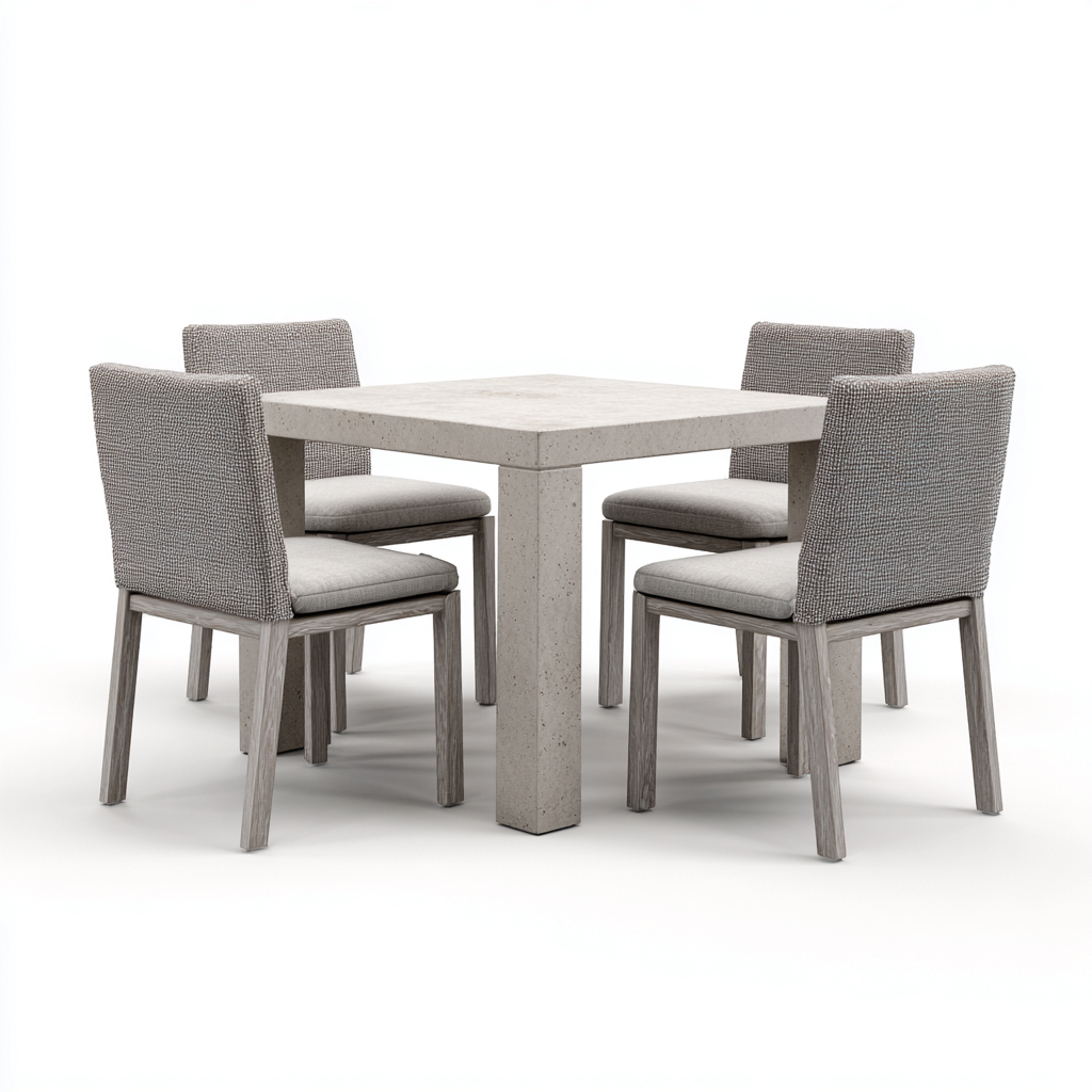 Set da pranzo per terrazza-pietra-legno-tessuto-120x120x75cm-grigio chiaro-moderno-Dengohut