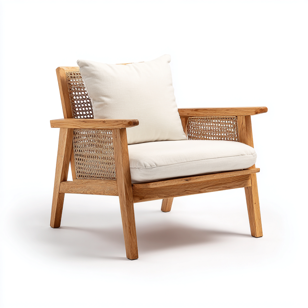 Poltrona da giardino - Legno-Rattan-Tessuto - 72x78x80cm - Bianco-Naturale - Stile naturale per esterni-Dengohut