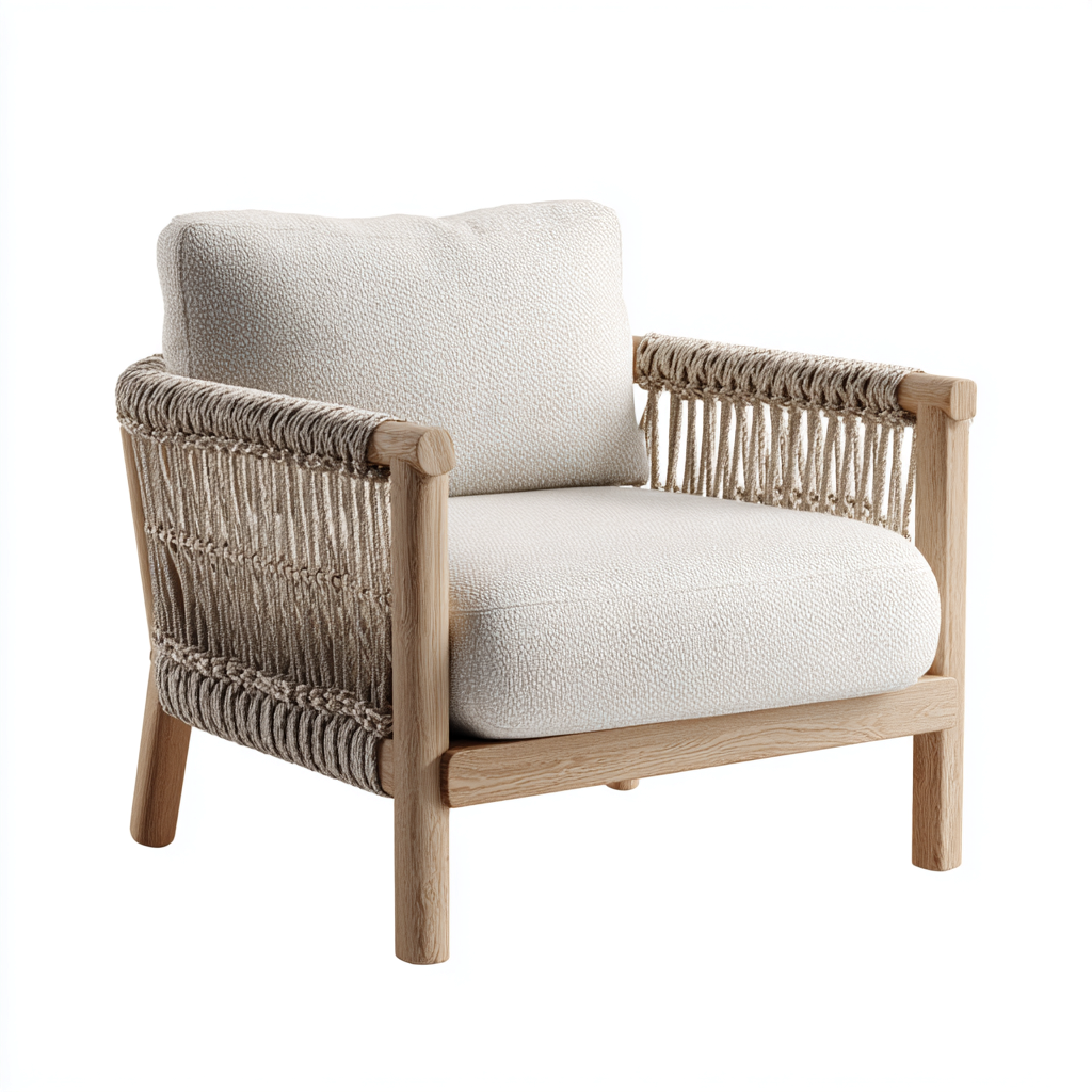 Poltrona da giardino-Legno-Corda-Tessuto-75x78x80cm-Beige-Naturale-Stile scandinavo-Dengohut
