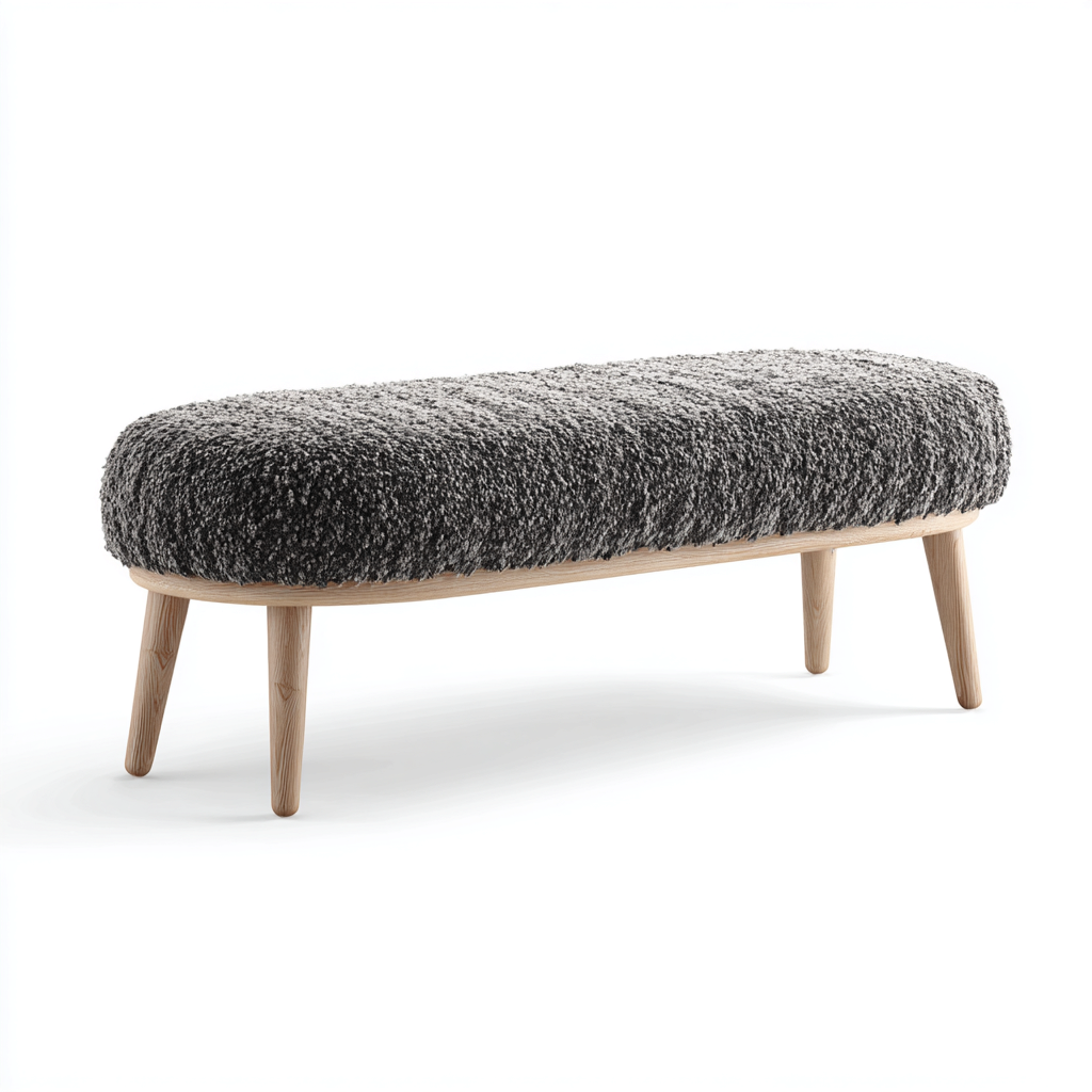 Panca da ingresso-Tessuto bouclé-Legno massello-150x42x46cm-Grigio-Legno naturale-Stile nordico-Dengohut