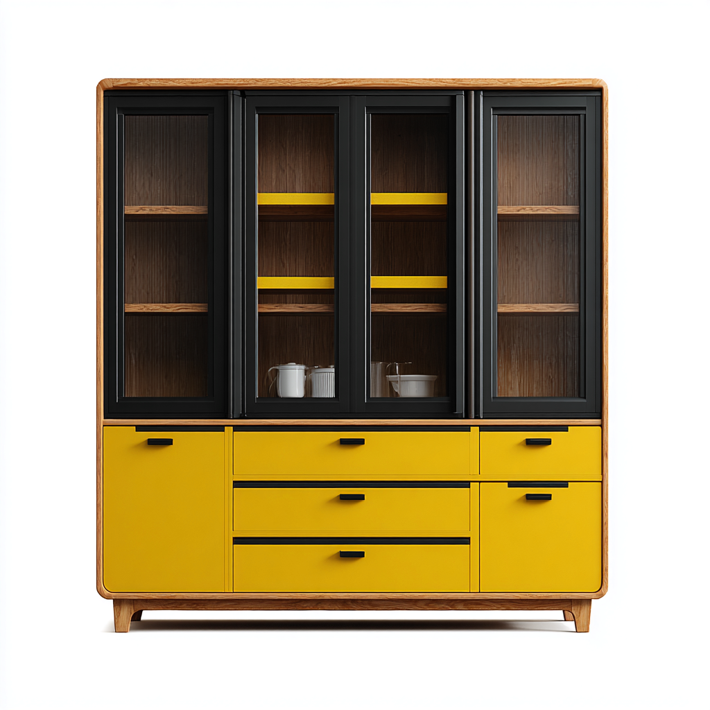 Armadietti da cucina-legno-metallo-vetro-160x45x170cm-Giallo-Nero-Legno naturale-design industriale-Dengohut